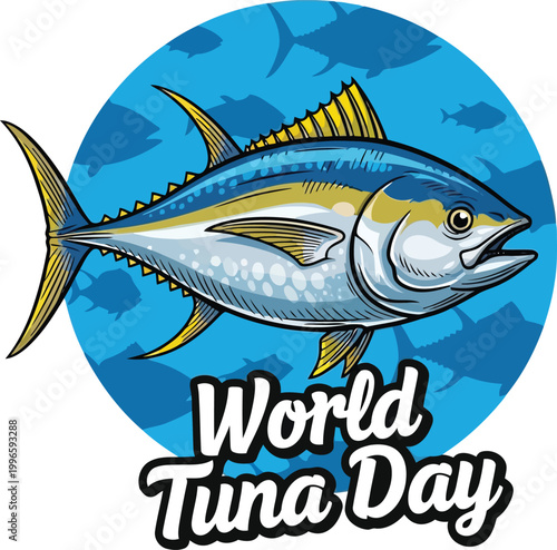 World Tuna Day illustration with a blue fish in a circle badge design for seafood holiday celebration