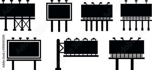 Minimalist flat design vector set featuring various empty billboards, advertising stands, and display frames for commercial, urban, or marketing projects.