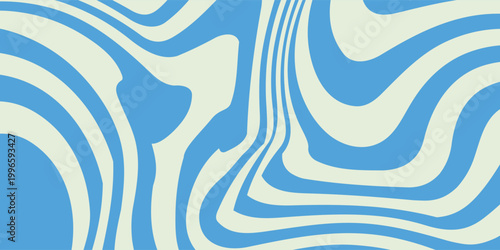A flowing, abstract pattern with blue and cream wavy lines creates a visually dynamic design.