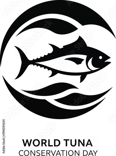 World Tuna Conservation Day logo with a simple black silhouette of a fish swimming in waves for marine protection
