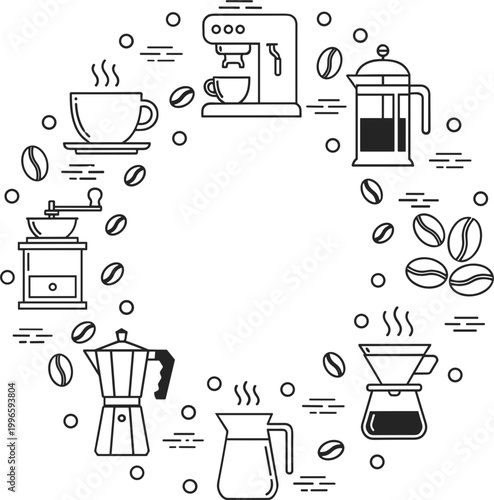 Circular coffee equipment outline composition with cups, moka pot, french press and beans, minimal line art barista set in round vector illustration
