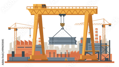 Industrial construction scene with gantry crane lifting steel beam structure in factory area showing heavy industry engineering process and urban development