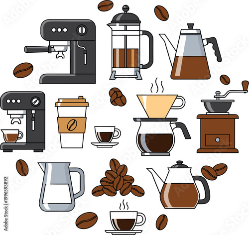 Coffee brewing methods collection with espresso machine, french press, pour over and grinder, beans and cups set in flat vector illustration for cafe design