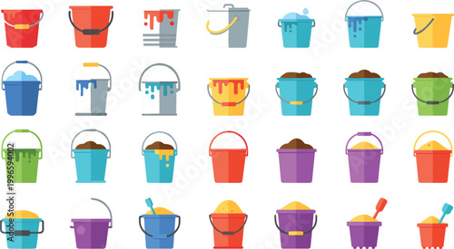 Colorful bucket collection with paint, water and sand variations, household cleaning and construction tools set in flat vector illustration isolated on white background