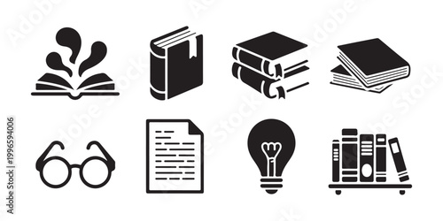 Educational icon set featuring open books with magical sparks bookmark textbook stack eyeglasses and document.