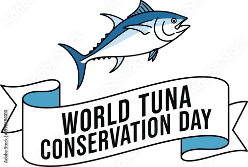 World Tuna Conservation Day illustration with a blue fish and a ribbon banner for environmental awareness campaign