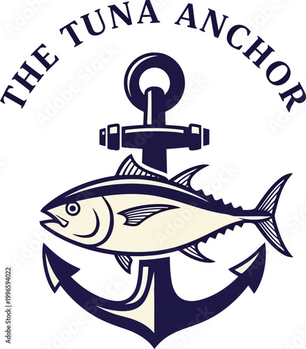 A vintage style logo design featuring a blue tuna fish swimming in front of a dark navy nautical metal ship anchor