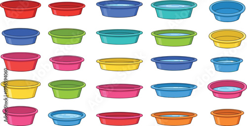 Colorful plastic basin collection set with empty containers for washing, laundry and household use, flat vector illustration isolated on white background