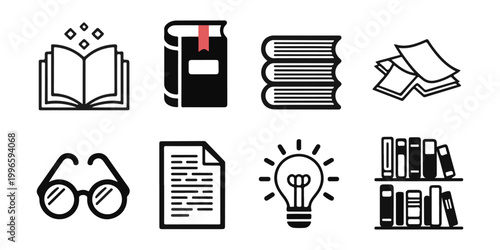 Set of education icons including open books stack of textbooks eyeglasses document lightbulb and bookshelf symbols.