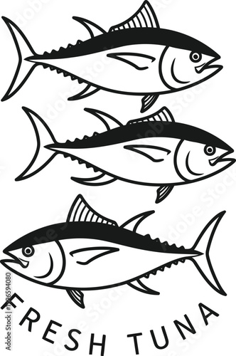 Black and white line art illustration of three fresh tuna fish for seafood restaurant logo or culinary menu design