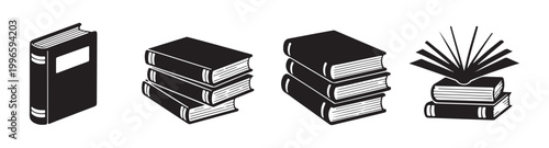 Professional set of book icons featuring thick volumes stack of textbooks and open reading book illustrations.