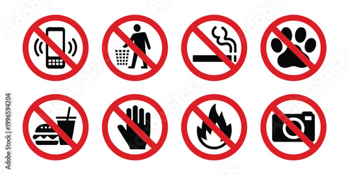 Prohibited icons set no cell phone zone litter smoking pets eating drinks touch fire photography restriction symbols for safety warning signage