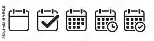 Graphic collection of calendar icons showing event completion checkmarks and scheduling task management symbols.
