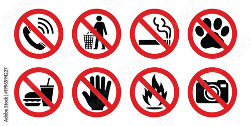 Prohibited icons vector with no phone litter smoking pets eating drinking touching fire lighting and photography for public safety notice