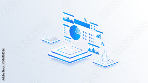 Stock market isometric of financial dashboard data analysis with revenue growth charts and digital business reporting interface.