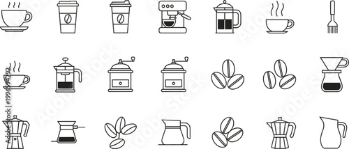 Coffee equipment outline icon set with cups, machines, grinders and beans, minimal line art collection for cafe menu and barista design vector illustration