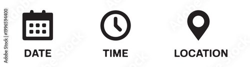 Minimalist black linear icons for date time and location symbols set on transparent background for web design.