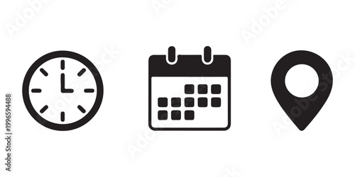 Clock calendar and location pin symbols set in flat black style on transparent grid background for app design.