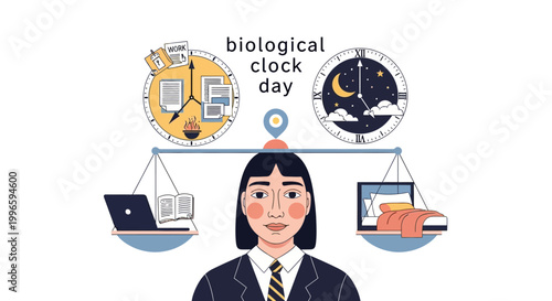 A vector illustration commemorates Biological Clock Day, depicting a woman balancing work and sleep cycles on scales, showcasing a clock face filled with office tasks versus a night scene