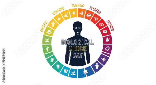 Circular vector design illustrating Biological Clock Day with a human silhouette at the center, surrounded by icons representing daily activities arranged by time of day in a colorful