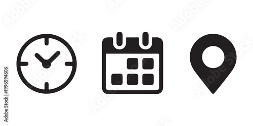 Simple black outline clock calendar and map pin icons collection on transparent background for interface layout.