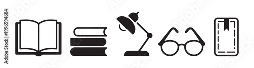 Linear book and study icons set displaying open textbook stack of papers flexible desk lamp spectacles and tag.