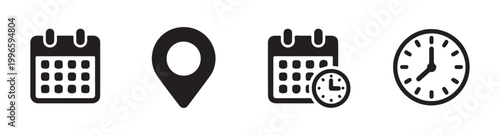 Set of calendar icons, calendar grid, location pin, calendar with clock, time, schedule symbol.