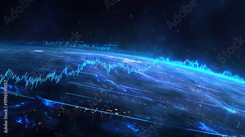 earth at night with glowing trading lines, AI analyzing global markets, stock chart overlays,