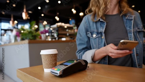 Woman making contactless payment in cafe using smartphone technology