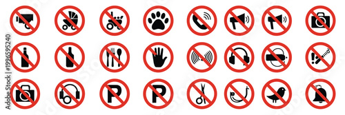 Prohibition signs no music no sound no fire no pets no eating no photos no noise disturbance loud warning red restriction symbol