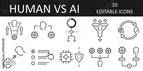 Human and AI decision control icon set. Escalation, delegation, confidence threshold, trust filter, error correction, timeout fallback. Authority, ethical limits, ranking, comparison.