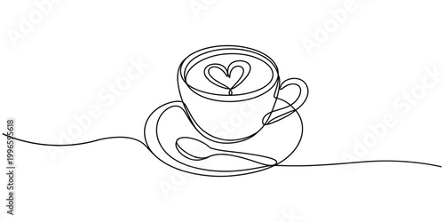 Coffee cup with heart latte on saucer and spoon latte saucer one line continuous line