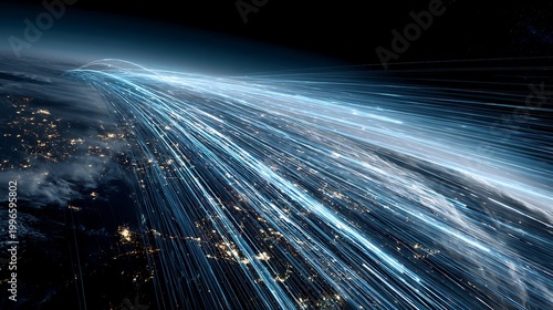 global high frequency trading network, fast moving light trails across earth, ultra speed data flow, financial technology concept