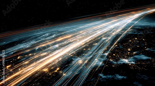 global high frequency trading network, fast moving light trails across earth, ultra speed data flow, financial technology concept