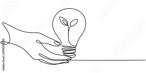 Hand turning on a light bulb with a green sprout inside plant in white background