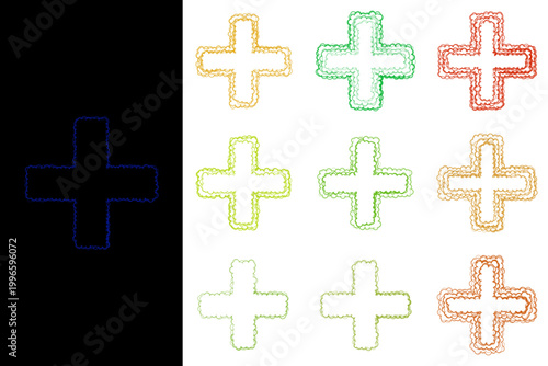 Colorful hand drawn medical cross icons for pediatric healthcare and wellness branding