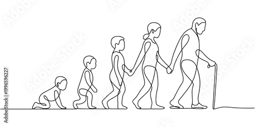Line of a human life cycle from crawling baby to elderly man with cane line human life cycle toddler in white background