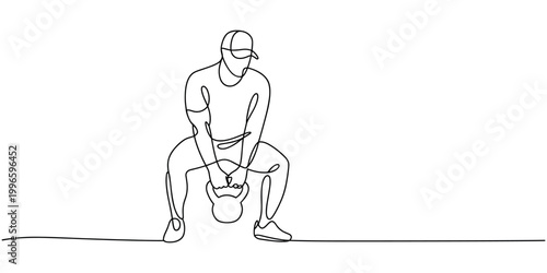 Man in cap doing kettlebell exercise with one knee on ground fitness in white background