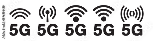 Set of wireless connection 5g icons for mobile network technology communication featuring different signal shapes.