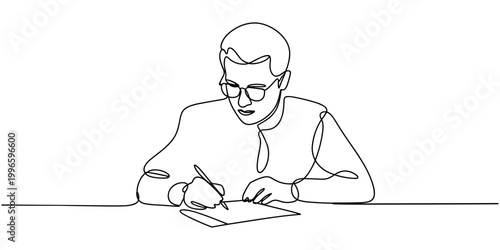 Man wearing glasses focused on writing on a piece of paper with pen in white background