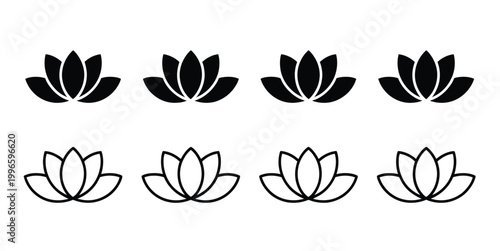 Lotus flowers vector icons set black line style representing relax calm and harmony symbol for wellness meditation and spa design