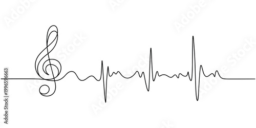 Musical note transforming into heartbeat rhythm line treble clef in white background