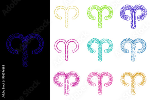 Set of vibrant hand-drawn Aries zodiac symbols for mystical astrology and digital planner stickers