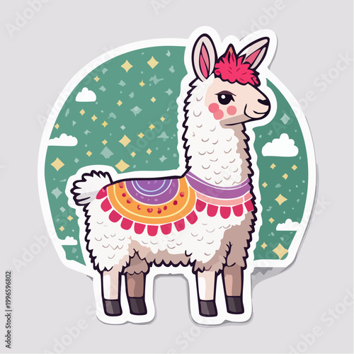 Cute cartoon llama sticker with colorful saddle