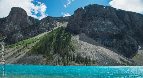 Breathtaking view of Moraine Lake in the Valley of the Ten Peaks, Banff National Park, Alberta, Canada. Vibrant turquoise glacial water surrounded by towering rocky mountains and pine forests