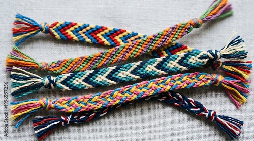 Colorful Handwoven Friendship Bracelets with Bright Threads on Neutral Fabric Background