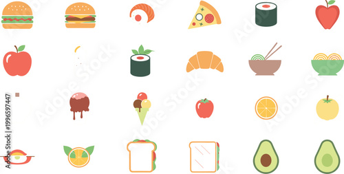 Colorful food icon collection with burgers, sushi, fruits, sandwiches, croissants and desserts in flat style isolated on white background vector illustration set