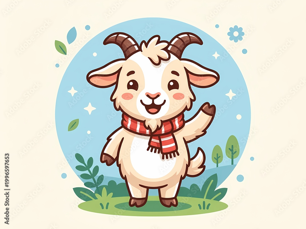 Fototapeta premium Cute cartoon baby goat character wearing a scarf.