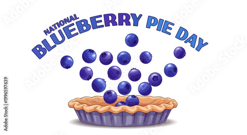 A vector illustration celebrating National Blueberry Pie Day, featuring a pie crust with fresh blueberries above it against a white background, conveying a sweet and delicious dessert