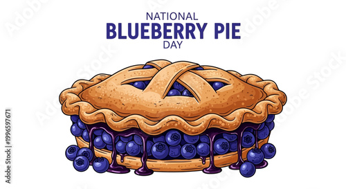 A vibrant vector illustration promoting National Blueberry Pie Day, showcasing a delicious, homemade blueberry pie with a flaky crust and overflowing berry filling against a clean white